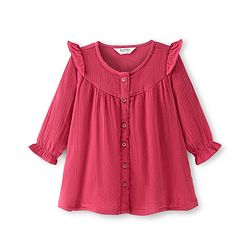 Bonfino 100% Cotton Woven Full Sleeves Double Gauze A- Line Frock with Frill Detailing  Solid Colour - Pink
