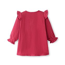 Bonfino 100% Cotton Woven Full Sleeves Double Gauze A- Line Frock with Frill Detailing  Solid Colour - Pink