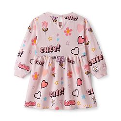 Bonfino 100% Cotton Knit French Terry Full Drop Oversized Shoulder Sleeves Winter Frock with Text & Heart Print  - Pink