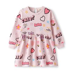 Bonfino 100% Cotton Knit French Terry Full Drop Oversized Shoulder Sleeves Winter Frock with Text & Heart Print  - Pink