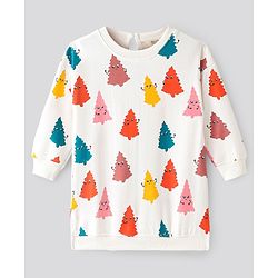 Bonfino  100% Cotton French Terry Knit Full Sleeves A-Line Oversized Sweatshirt Dress with Tree Print - Ivory