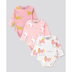 Bonfino 100% Cotton Knit Full Sleeves Bunny & Unicorn Printed Onesies Pack of 3 - Pink  & Ivory