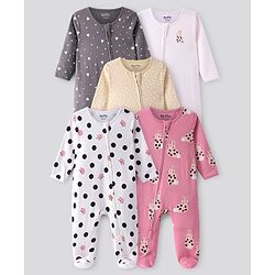 Bonfino 100% Cotton Knit Full Sleeves Sleep Suits With Polka Dots Hearts & Animal Print Pack Of 5 - Grey White Pink Ivory & Sand