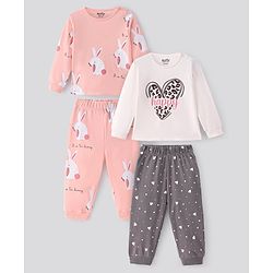 Bonfino  100% Cotton  Knit Full Sleeves Night Suits with Bunny & Heart Print Pack of 2 - Peach & White