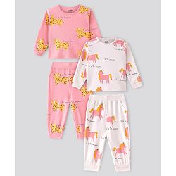 Bonfino 100% Cotton Knit Full Sleeves Night Suit With Leopard & Unicorn Print Pack of 2 - Pink & Ivory