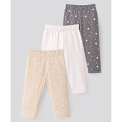 Bonfino 100% Cotton Knit Heart Printed Full Length Leggings Pack of 3 - Grey Yellow &  Ivory