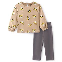 Bonfino 100% Cotton Knit Drop Shoulder Full Sleeves Top & Leggings Set Cheetah Print - Brown & Grey