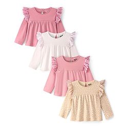 Bonfino 100 % Cotton Knit Full Sleeves Top with Frill Detailing Pack of 4 - Multicolor