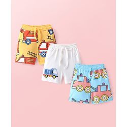 Bonfino Cotton Knit Above Knee Length Shorts with Vehicle Print Pack of 3 - Blue,White & Yellow
