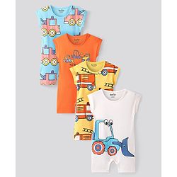 Bonfino Cotton Knit Sleeveless Rompers with Car Print Pack Of 4 - Yellow White & Orange