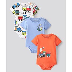 Bonfino Cotton Knit Half Sleeves Onesies with Train Print Pack Of 3 - Orange White & Blue