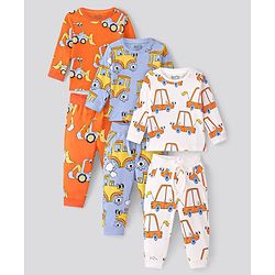 Bonfino 100% Cotton Knit Full Sleeve Night Suits With Vehicle Print Pack of 3 - Blue Orange White