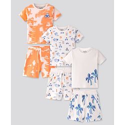Bonfino 100% Cotton Knit Half Sleeve Night Suit With Palm Tree Print Pack of 3 - White & Orange
