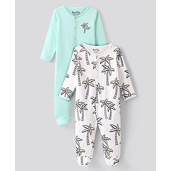 Bonfino 100% Cotton Knit Full Sleeves Footed Sleep Suits With Palm Tree Print Pack of 2 - Mint & White