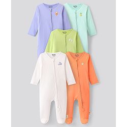 Bonfino 100% Cotton Knit Full Sleeves Solid Color Footed Sleep Suits Pack of 5 - Multicolor