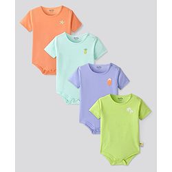 Bonfino 100% Cotton Knit Half Sleeves Onesies with Puffed Pineapple & Starfish Print Pack Of 4 - Orange Lime & Lavender