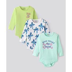Bonfino 100% Cotton Full Sleeves Onesies Text & Tropical Print Pack Of 3 - Green White & Lime