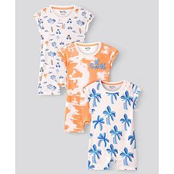 Bonfino 100% Cotton Half Sleeves Rompers Vehicle & Tropical Print Pack Of 3 - Multicolour