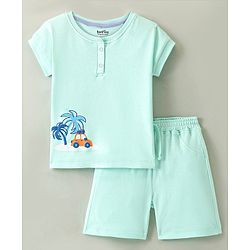 Bonfino 100% Cotton Knit Half Sleeves Henley T-Shirt & Shorts Set With Beach Theme Print - Mint