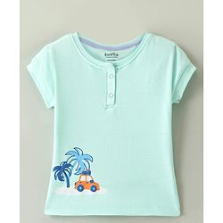 Bonfino 100% Cotton Knit Half Sleeves Henley T-Shirt & Shorts Set With Beach Theme Print - Mint