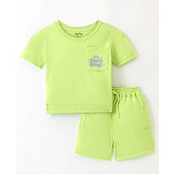 Bonfino 100% Cotton Knit Half Sleeves Oversized T-Shirt & Shorts Set With Summer Holidays Print - Lime Green