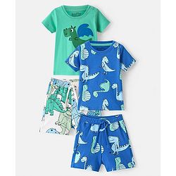Bonfino 100% Cotton Knit Half Sleeve Shorts Night Suit With Dino Print Pack of 2 - Blue & Green