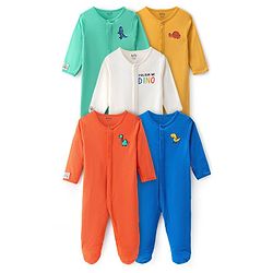 Bonfino 100% Cotton Full Sleeves Footed Sleep Suits Pack Of 5 - Multicolour