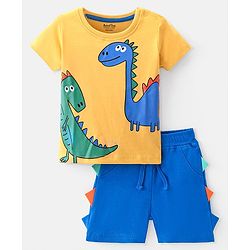 Bonfino 100% Cotton Knit Half Sleeves T-Shirt & Shorts Sets with Dino Print on Chest - Yellow & Blue