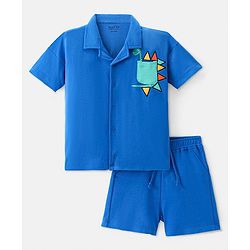 Bonfino 100% Cotton Knit Half Sleeves Shirt & Shorts Set With Dino Print - Blue