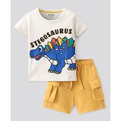 Bonfino 100% Cotton Knit Half Sleeves T-Shirt & Shorts Set With Dinosaur Print - Off White & Yellow
