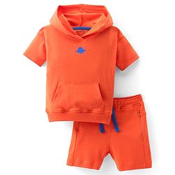 Bonfino 100% Cotton Knit Hooded T-Shirt With Kangaroo Pocket & Shorts Sets with Dino Print on Chest- Orange