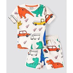 Bonfino 100% Cotton Knit Half Sleeves T-Shirt & Shorts Sets With Dino Print - Off White
