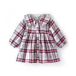 Bonfino Cotton Woven Full Sleeves Frock with Peter Pan Collar Checks and Heart Print -Grey