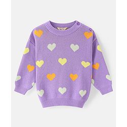 Bonfino 100% Cotton Knit Full Sleeve Drop Shoulder Pullover with Heart Design- Lavender