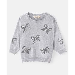 Bonfino Cotton Knit Full Sleeve Drop Shoulder Pullover with Sequined Bow Embroidery- Grey