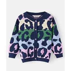 Bonfino 100% Cotton Knit Full Sleeve Drop Shoulder Front Open Sweaters with Leopard Design- Green Yellow & Black