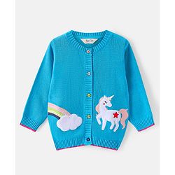 Bonfino 100% Cotton Knit Full Sleeve Front Open Sweaters with Rainbow & Unicorn Embroidery-Blue