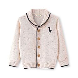Bonfino Cotton Knit Full Sleeves Front Shawl Collar Sweater with Giraffe Design - Off White