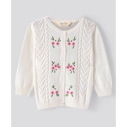 Bonfino 100% Cotton Knit Full Sleeve Front Open Cardigans with Floral Embroidery- White