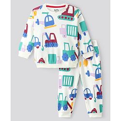 Bonfino 100% Cotton Knit Full Sleeves T-Shirt & Joggers Co-Ord Set With Vehicles Print - White