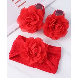 Bonfino Flower Motif Head Band & Socks Combo Set of 3 - Red