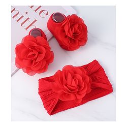 Bonfino Flower Motif Head Band & Socks Combo Set of 3 - Red