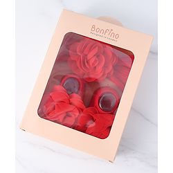 Bonfino Flower Motif Head Band & Socks Combo Set of 3 - Red