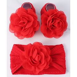 Bonfino Flower Motif Head Band & Socks Combo Set of 3 - Red