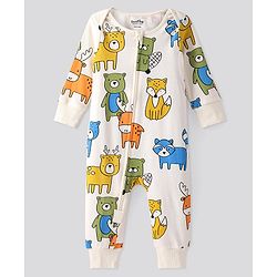 Bonfino 100% Cotton  Knit Full Sleeves Romper With Animal Print- White