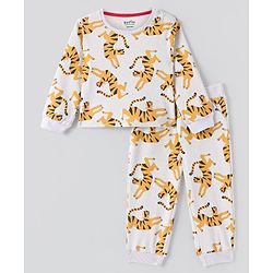 Bonfino 100% Cotton Knit Full Sleeve Night Suit With Tiger Print - White