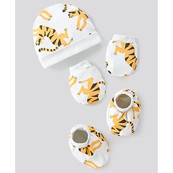 Bonfino Boys 100% Cotton Cap Mittens & Booties Tiger Print White - Diameter 12 cm
