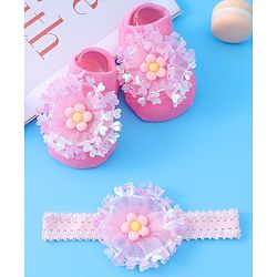 Bonfino Free Size Headband & Socks with Flower Applique - Dark Pink
