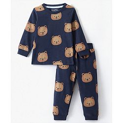 Bonfino 100% Cotton Knit Full Sleeves Night Suit with Teddy Print - Navy Blue