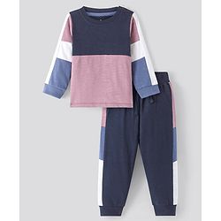 Bonfino 100% Cotton Knit Full Sleeve Colour Block  T-Shirt & Jogger Set- Blue